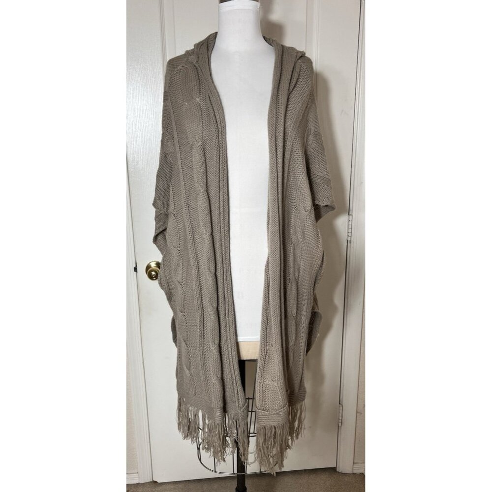 Ginger Jar‎ Short Sleeve Long Hooded Cardigan with Fringe Greige womens size XL